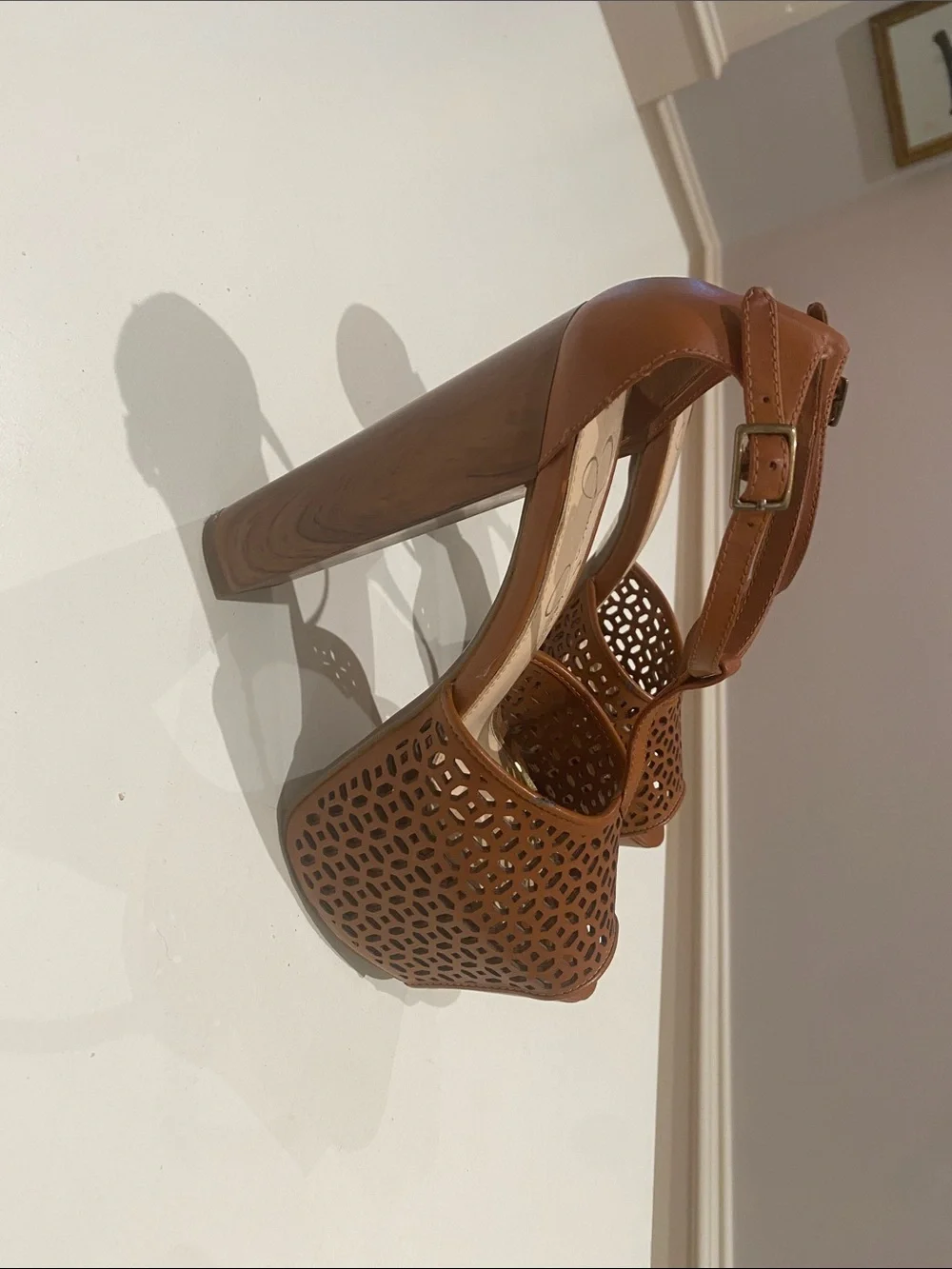 Jessica Simpson Tan Laser-Cut T-Strap Platform Sandals